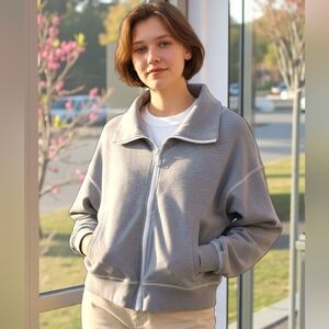 Well Loved BCG Women's Gray Full Zip-Up OVERSIZED collar Jacket